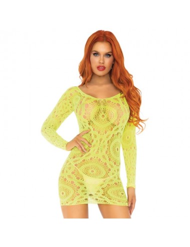 VESTITO MINI LEG AVENUE IN PIZZO NEON A MANICHE LUNGHE TAGLIA UNICA
