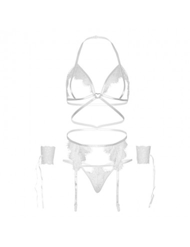 LEG AVENUE SET QUATTRO PEZZI REGGISENO, PERizoma, Reggicalze E POLSINI TAGLIA UNICA - BIANCO
