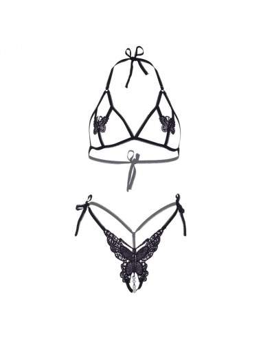 LEG AVENUE SET DUE PEZZI REGGISENO E PANTY OF BUTTERFLIES & PEARLS TAGLIA UNICA - NERO