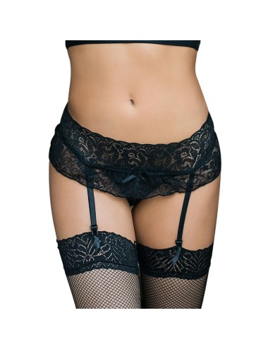 QUEEN LINGERIE LIGUERO Y TANGA DISEÑO FLORAL NEGRO S/M