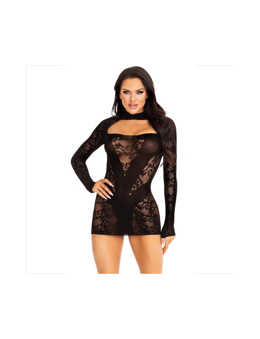 LEG AVENUE - MINI ABITO CON PIZZO MANICA LUNGA NERO