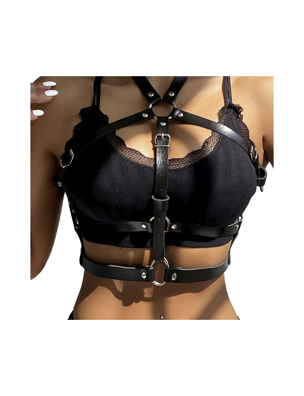 SUBBLIME - PETTORINA CON ANELLO IN PELLE NERA TAGLIA UNICA