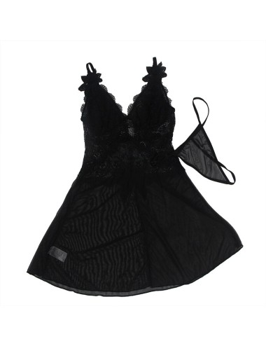 SUBBLIME - BABYDOLL TULLE CON DETTAGLI PIZZO E FIORI NERO L/XL