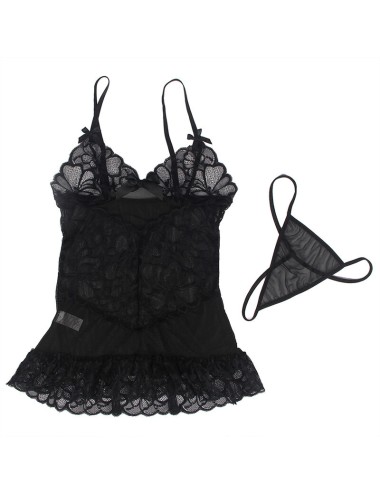 SUBBLIME - BABY DOLL CON SPALLINE REGOLABILI E PIZZO TRASPARENTE STAMPA FLOREALE NERO L/XL