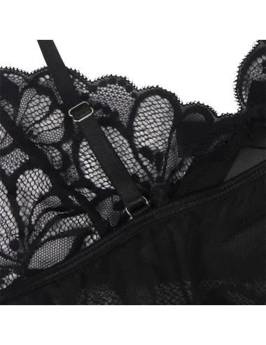 SUBBLIME - BABY DOLL CON SPALLINE REGOLABILI E PIZZO TRASPARENTE STAMPA FLOREALE NERO L/XL