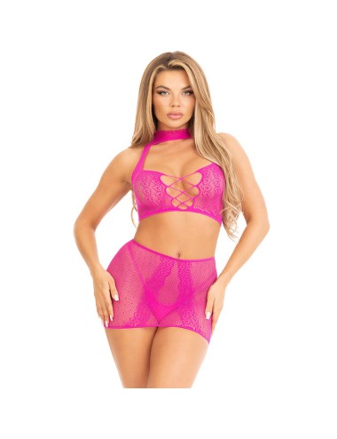 LEG AVENUE - TOP E GONNA IN PIZZO APERTO FUCSIA