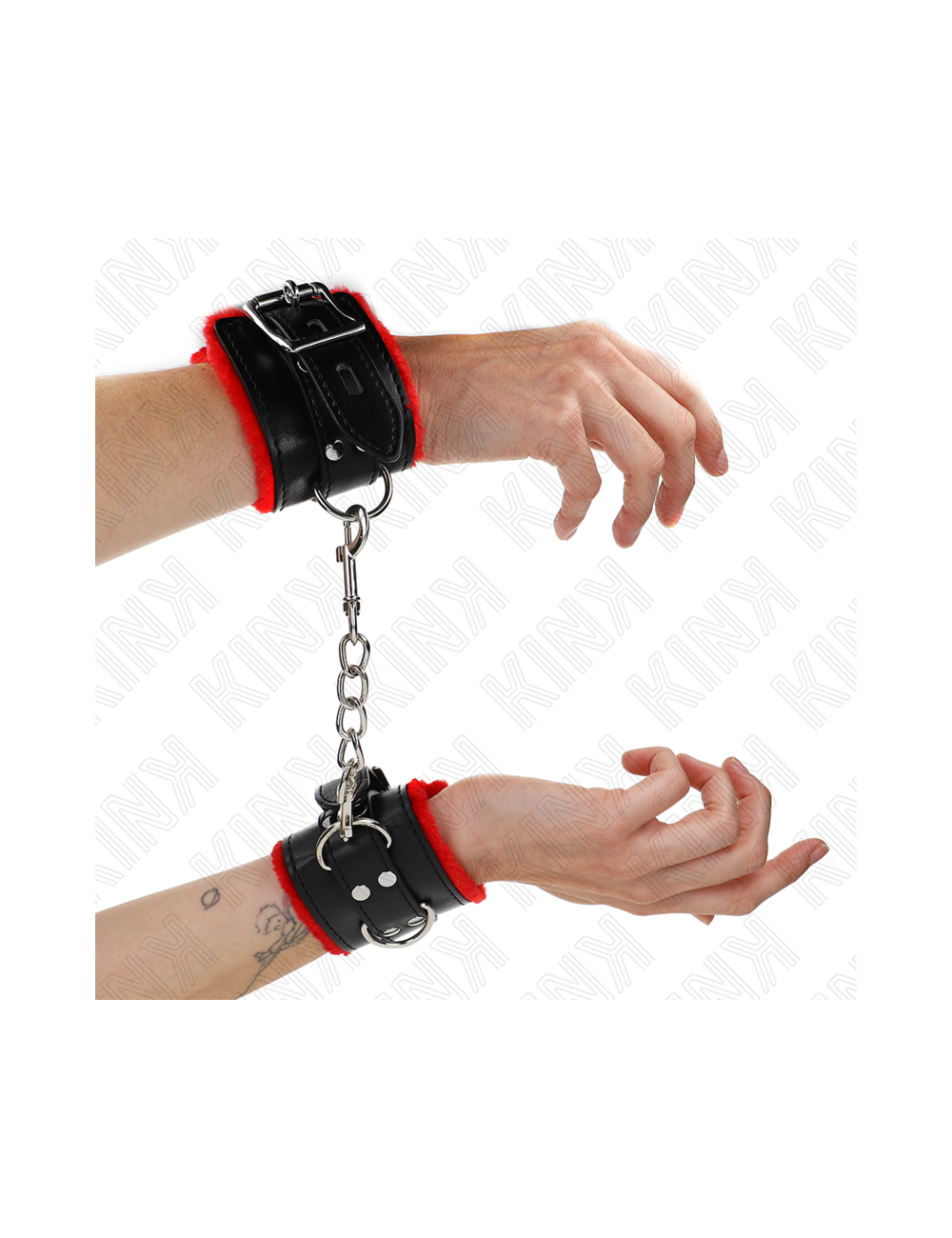 KINK - POLSINI IMBOTTITI IN PELLICCIA CON FORI QUADRI CINTURA ROSSA E NERA REGOLABILE 17-29 CM X 6 CM