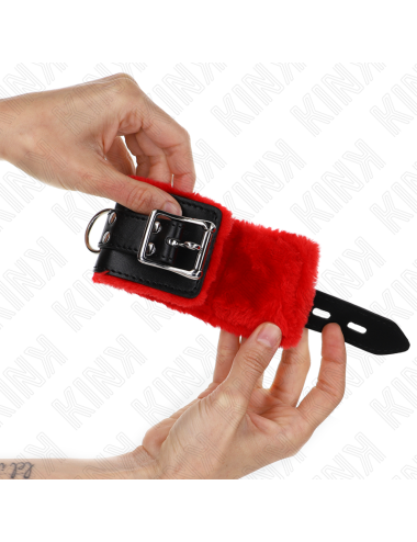 KINK - POLSINI IMBOTTITI IN PELLICCIA CON FORI QUADRI CINTURA ROSSA E NERA REGOLABILE 17-29 CM X 6 CM