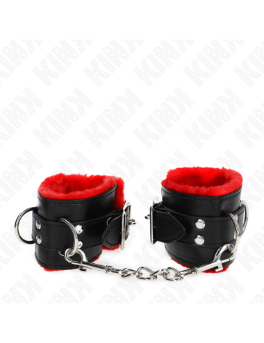 KINK - POLSINI IMBOTTITI IN PELLICCIA CON FORI QUADRI CINTURA ROSSA E NERA REGOLABILE 17-29 CM X 6 CM