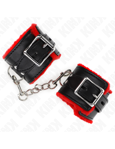 KINK - POLSINI IMBOTTITI IN PELLICCIA CON FORI QUADRI CINTURA ROSSA E NERA REGOLABILE 17-29 CM X 6 CM