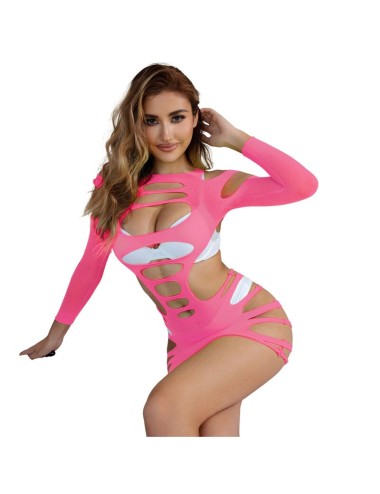 SUBBLIME - 952273 BODYSTOCKING ELASTICO A RETE MANICA LUNGA ROSA TAGLIA UNICA
