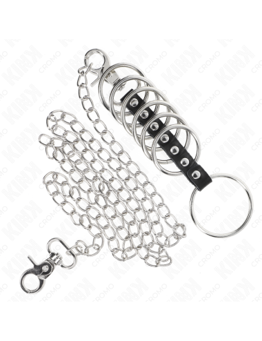 KINK - 7 ANELLI PER PENE IN METALLO DA 3,8 CM A 5 CM COLLEGATI CON PELLE E CATENA IN METALLO 100 CM