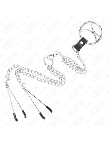 KINK - ANELLO PER PENE IN METALLO CROMATO TRIPLO DA 3 CM A 4,5 CM CON CATENA IN METALLO DA 26 CM E CLIP PER CAPEZZOLI