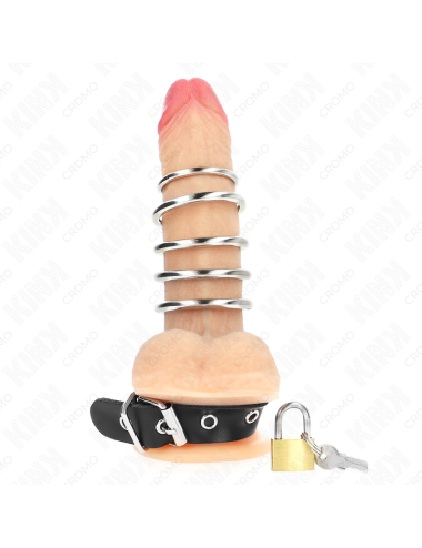 KINK - ANELLO PER PENE IN PELLE CON CINGHIA DI BLOCCAGGIO 21 X 2 CM E 5 ANELLI IN METALLO DA 3 CM A 4 CM
