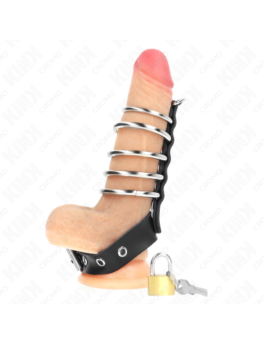 KINK - ANELLO PER PENE IN PELLE CON CINGHIA DI BLOCCAGGIO 21 X 2 CM E 5 ANELLI IN METALLO DA 3 CM A 4 CM