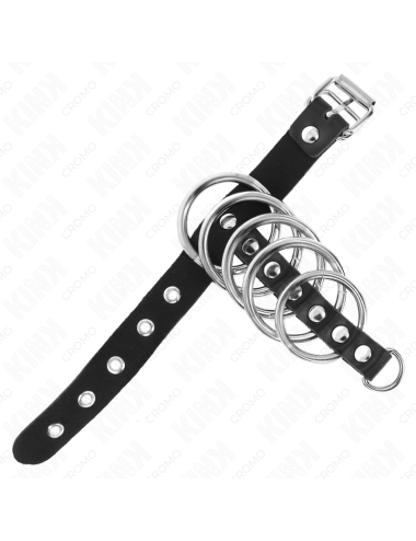 KINK - ANELLO PER PENE IN PELLE CON CINGHIA DI BLOCCAGGIO 21 X 2 CM E 5 ANELLI IN METALLO DA 3 CM A 4 CM