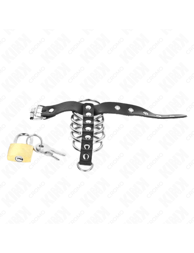 KINK - ANELLO PER PENE IN PELLE CON CINGHIA DI BLOCCAGGIO 21 X 2 CM E 5 ANELLI IN METALLO DA 3 CM A 4 CM