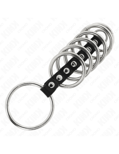 KINK - 7 ANELLI PER PENE IN METALLO DA 3,2 CM A 5 CM COLLEGATI DA PELLE