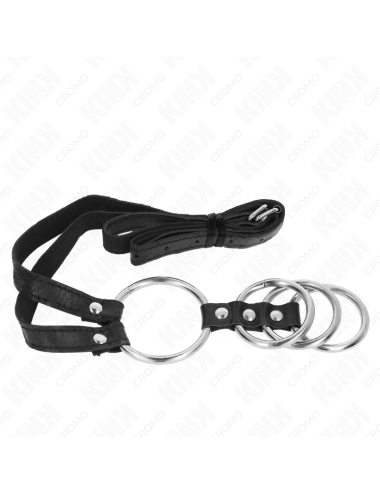KINK - 4 ANELLI PER PENE IN METALLO COLLEGATI DA 3,8 CM A 5 CM CON CINTURA IN PELLE 112 CM