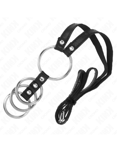KINK - 4 ANELLI PER PENE IN METALLO COLLEGATI DA 3,8 CM A 5 CM CON CINTURA IN PELLE 112 CM