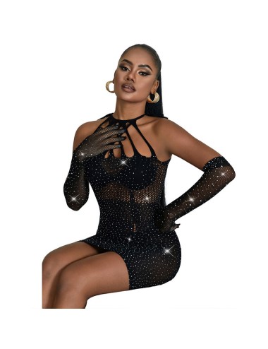 SUBBLIME - 952235 BODYSTOCKING A RETE CON STRASS E GUANTI NERI TAGLIA UNICA