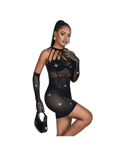 SUBBLIME - 952235 BODYSTOCKING A RETE CON STRASS E GUANTI NERI TAGLIA UNICA