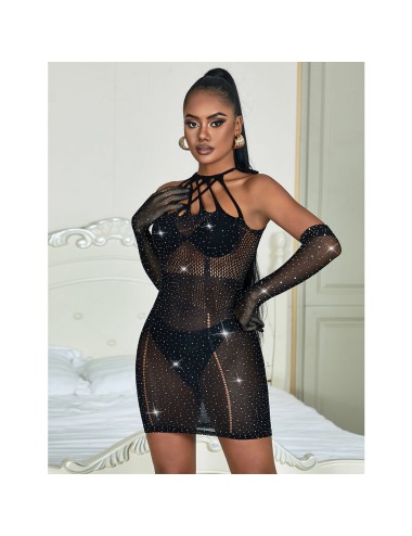 SUBBLIME - 952235 BODYSTOCKING A RETE CON STRASS E GUANTI NERI TAGLIA UNICA