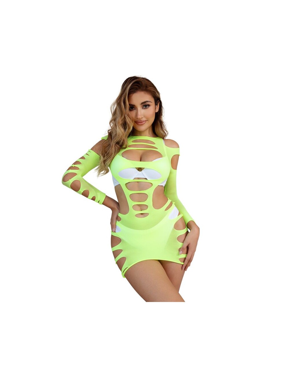 SUBBLIME - 952280 BODYSTOCKING ELASTICO A RETE MANICA LUNGA VERDE TAGLIA UNICA