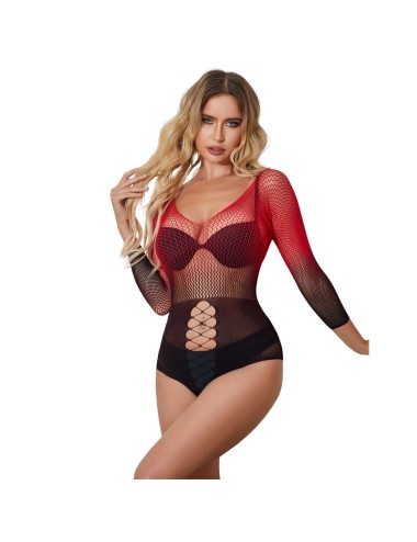 SUBBLIME - 952259 BODYSTOCKING ELASTICO A RETE MANICA LUNGA SFUMATO ROSSO E NERO TAGLIA UNICA