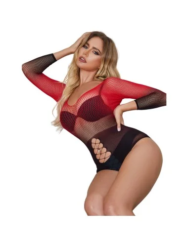 SUBBLIME - 952259 BODYSTOCKING ELASTICO A RETE MANICA LUNGA SFUMATO ROSSO E NERO TAGLIA UNICA