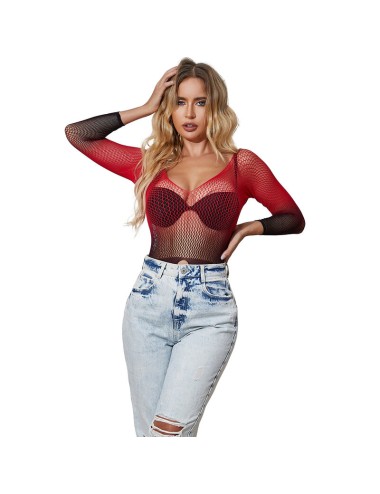 SUBBLIME - 952259 BODYSTOCKING ELASTICO A RETE MANICA LUNGA SFUMATO ROSSO E NERO TAGLIA UNICA