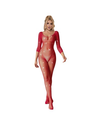 SUBBLIME - 952419 BODYSTOCKING A RETE CON STRASS MANICA LUNGA ROSSO TAGLIA UNICA
