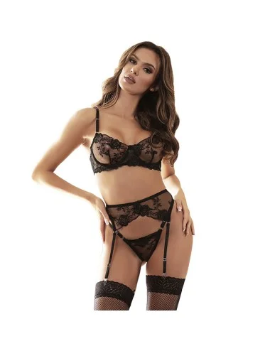 SUBBLIME - SET 3 PEZZI REGGISENO + PERIZOMA + GIARRETTIERA STAMPA FLOREALE NERO S/M