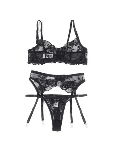 SUBBLIME - SET 3 PEZZI REGGISENO + PERIZOMA + GIARRETTIERA STAMPA FLOREALE NERO S/M