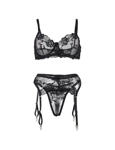 SUBBLIME - SET 3 PEZZI REGGISENO + PERIZOMA + GIARRETTIERA STAMPA FLOREALE NERO S/M