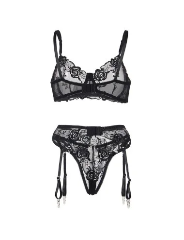 SUBBLIME - SET 3 PEZZI REGGISENO + PERIZOMA + GIARRETTIERA STAMPA FLOREALE NERO S/M