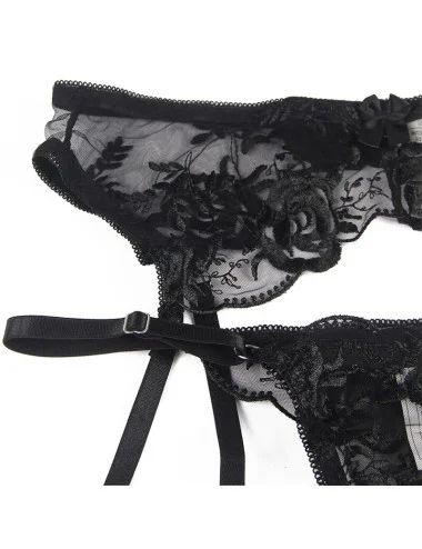 SUBBLIME - SET 3 PEZZI REGGISENO + PERIZOMA + GIARRETTIERA STAMPA FLOREALE NERO S/M