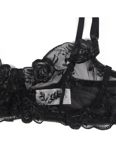 SUBBLIME - SET 3 PEZZI REGGISENO + PERIZOMA + GIARRETTIERA STAMPA FLOREALE NERO S/M