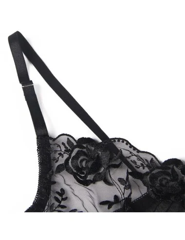 SUBBLIME - SET 3 PEZZI REGGISENO + PERIZOMA + GIARRETTIERA STAMPA FLOREALE NERO S/M