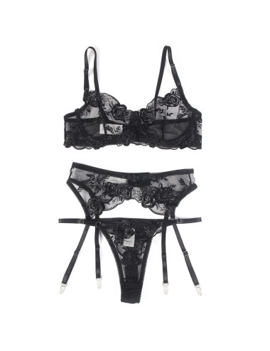 SUBBLIME - SET 3 PEZZI REGGISENO + PERIZOMA + GIARRETTIERA STAMPA FLOREALE NERO L/XL