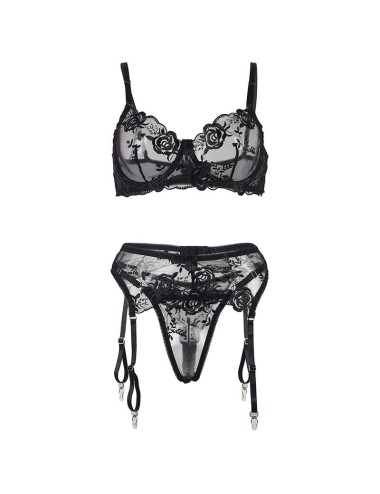 SUBBLIME - SET 3 PEZZI REGGISENO + PERIZOMA + GIARRETTIERA STAMPA FLOREALE NERO L/XL