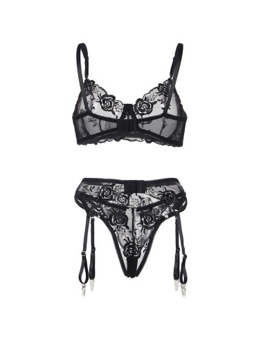 SUBBLIME - SET 3 PEZZI REGGISENO + PERIZOMA + GIARRETTIERA STAMPA FLOREALE NERO L/XL