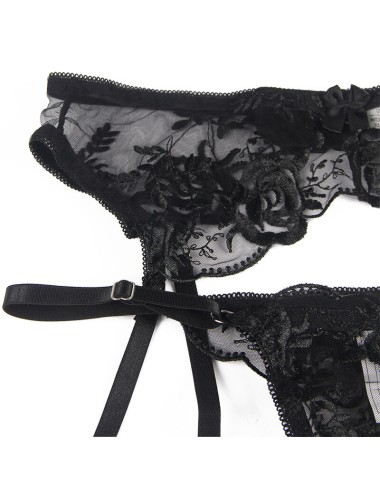 SUBBLIME - SET 3 PEZZI REGGISENO + PERIZOMA + GIARRETTIERA STAMPA FLOREALE NERO L/XL