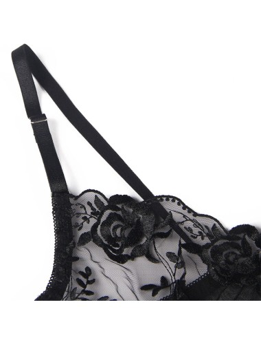 SUBBLIME - SET 3 PEZZI REGGISENO + PERIZOMA + GIARRETTIERA STAMPA FLOREALE NERO L/XL