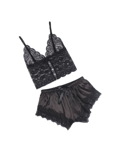SUBBLIME - 953935 VESTAGLIA DA NOTTE CASUAL IN SETA + PANTALONI IN PIZZO NERO S/M