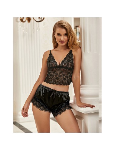 SUBBLIME - 953935 VESTAGLIA DA NOTTE CASUAL IN SETA + PANTALONI IN PIZZO NERO S/M