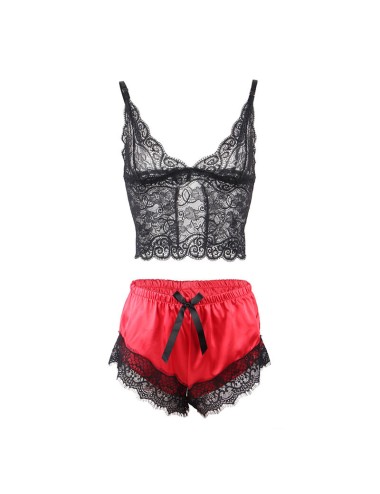 SUBBLIME - 953959 CAMICIA DA NOTTE CASUAL IN SETA + PANTALONI IN PIZZO NERO/ROSSO S/M