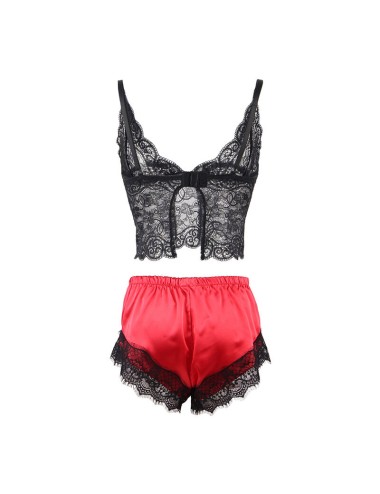 SUBBLIME - 953959 CAMICIA DA NOTTE CASUAL IN SETA + PANTALONI IN PIZZO NERO/ROSSO S/M