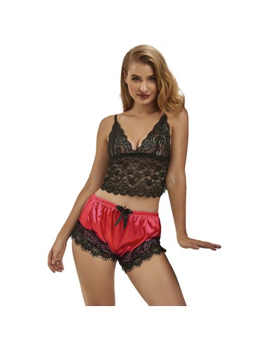 SUBBLIME - 953966 VESTAGLIA DA NOTTE CASUAL IN SETA + PANTALONI IN PIZZO NERO/ROSSO L/XL