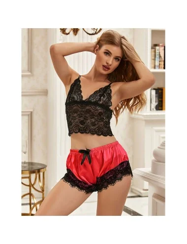 SUBBLIME - 953966 VESTAGLIA DA NOTTE CASUAL IN SETA + PANTALONI IN PIZZO NERO/ROSSO L/XL